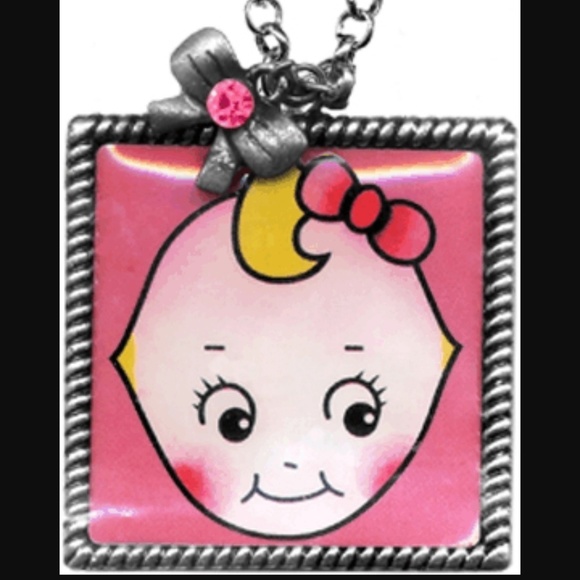 Sourpuss Cutie Pie Blushing Kewpie Doll Rope Frame Charm Necklace Pink Jewel Bow - Picture 3 of 3